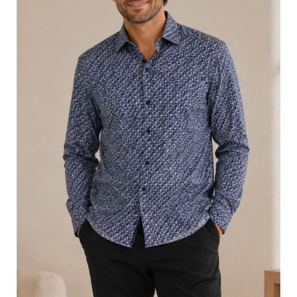 Jared Lang Cotton Button Down Shirt Floral Blue Large